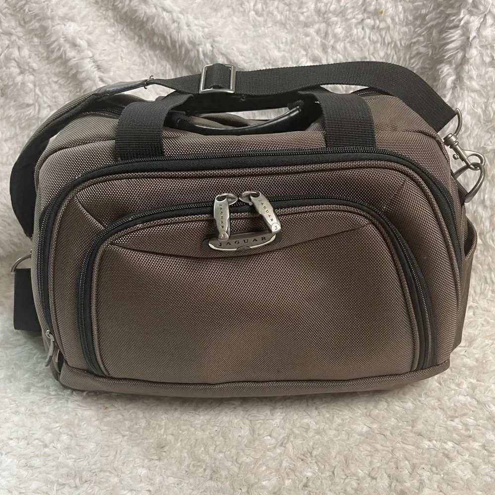 Jaguar Heavy duty Brown & Black fabric Medium duffle bag silver tone hardwares